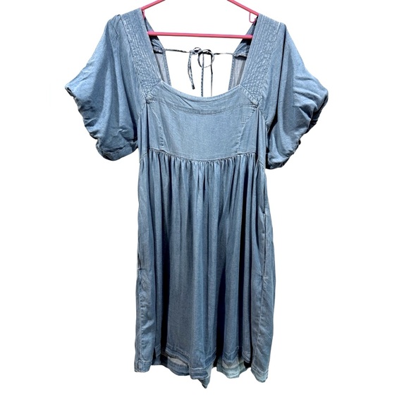 Hem & Thread Solid Blue Square Neck Babydoll Dress- Medium - Picture 2 of 12